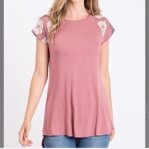 Marsala & Blue Floral Contrast Cap-Sleeve Tee, M
